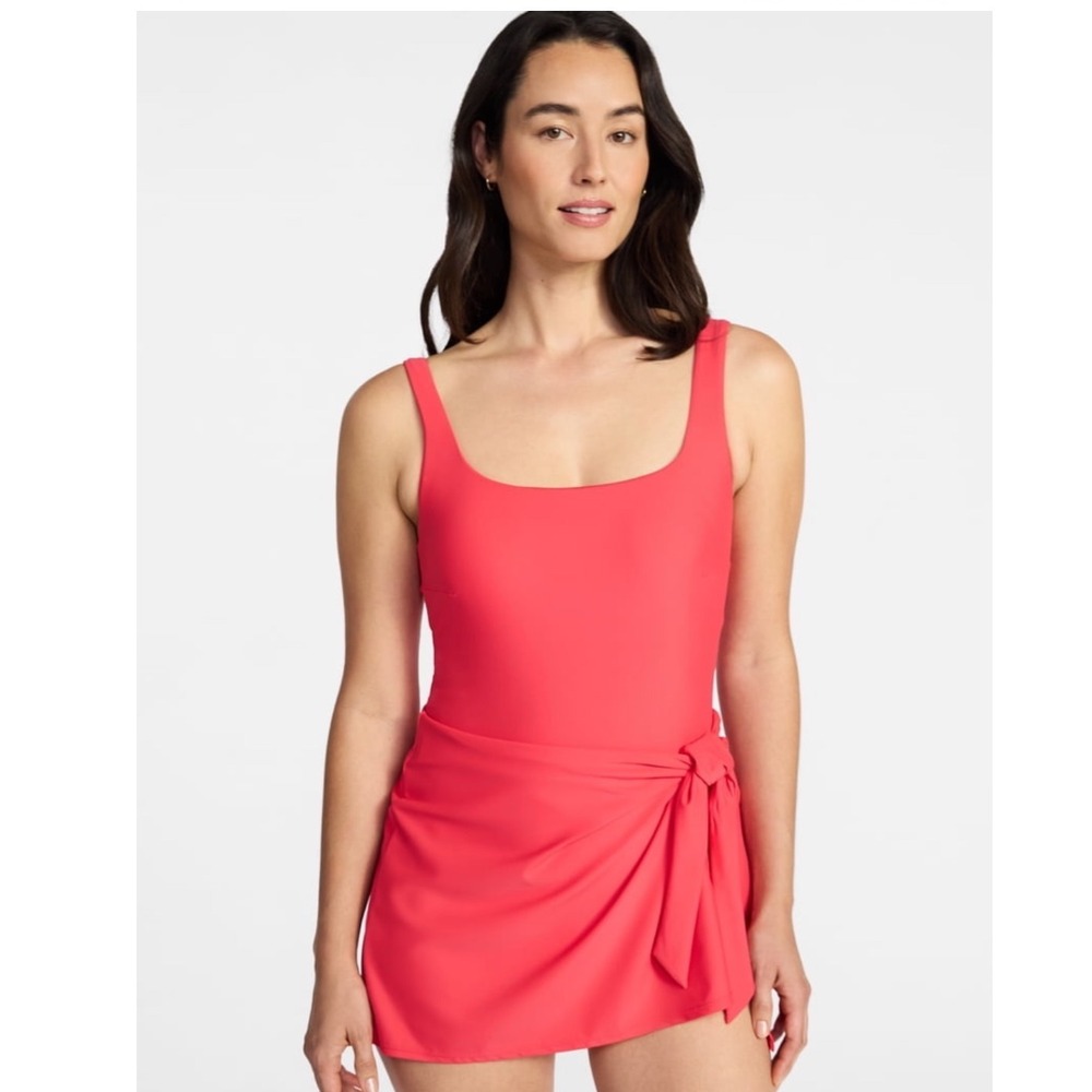 Time and Tru Womens Faux Wrap Swim Dress Melon Delight Pink M 8-10 NWT
